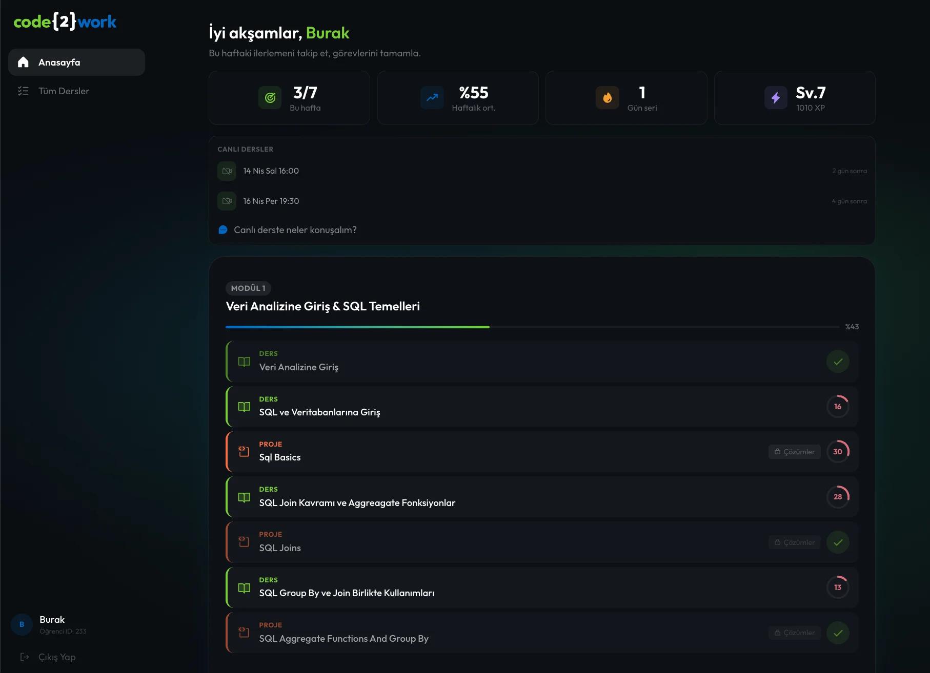 Kaizu eğitim platformu — dersler, ilerleme takibi, canlı dersler